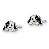 Sterling Silver Rhodium-plated Polished Black & White Enameled Puppy Children's Post Earrings